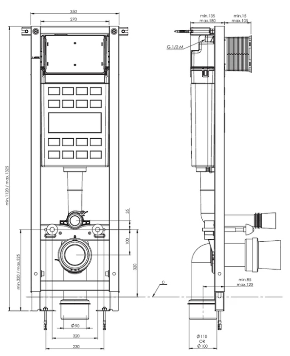 Roca Eko Frame (A89P10T010) + Alegra Rimless (A34H139000) Габаритні розміри