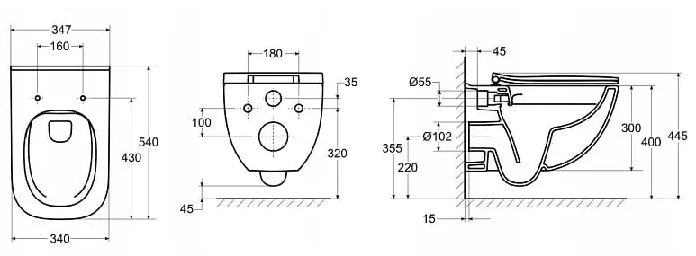 Roca Eko Frame (A89P10T010) + Alegra Rimless (A34H139000) Габаритні розміри