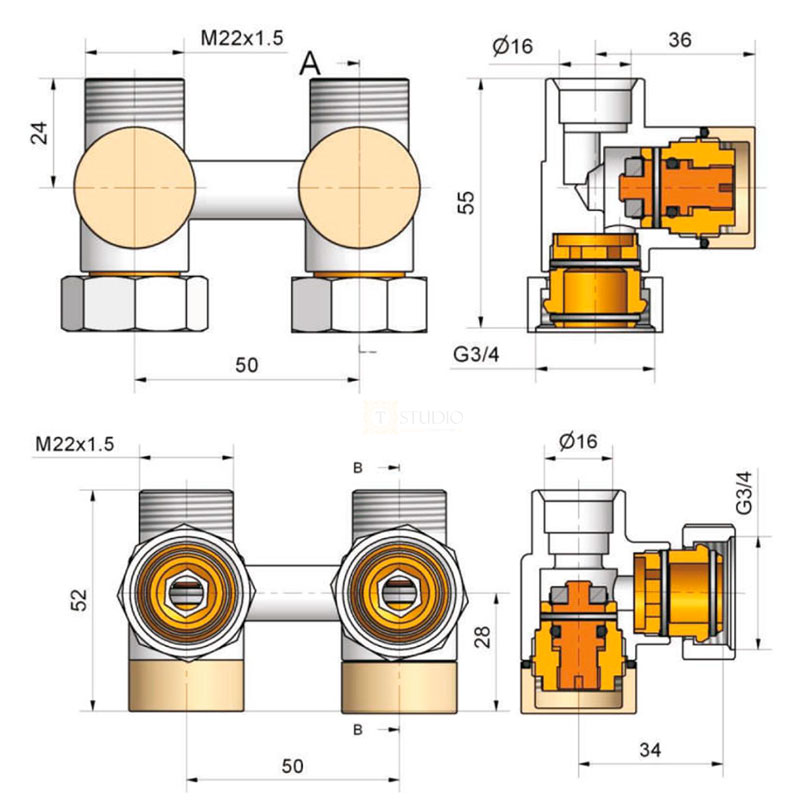 Schlosser Exclusive GZ 3/4 x M 22х1,5 кутовий, 2 шт ніпеля, термоголовка Mini (601000044.RAL90051) Габаритні розміри