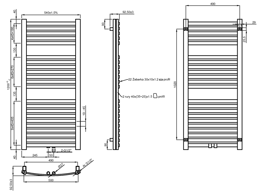 Invena UG-01-120 белый Габаритные размеры