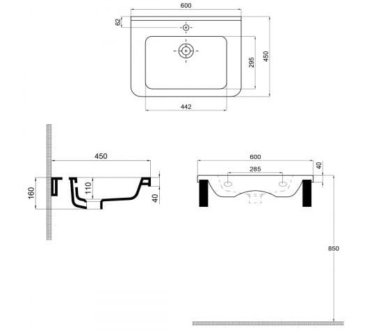 Quarter Bath Space Line 60x45 (UV0000156) Габаритні розміри