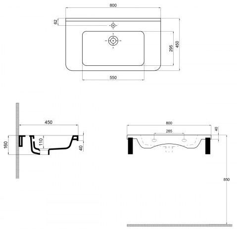 Quarter Bath Space Line 80x45 (UV0000157) Габаритні розміри