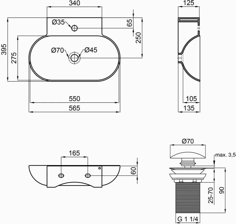 Q-Tap Cardinal White + донний клапан PU02 (QT0411K177WN47330) Габаритні розміри