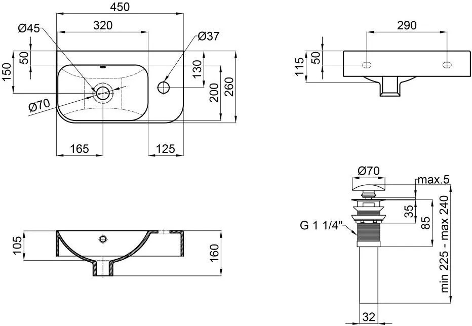 Q-Tap Tern White + донний клапан PU02O (QT17115117RWN47328) Габаритні розміри