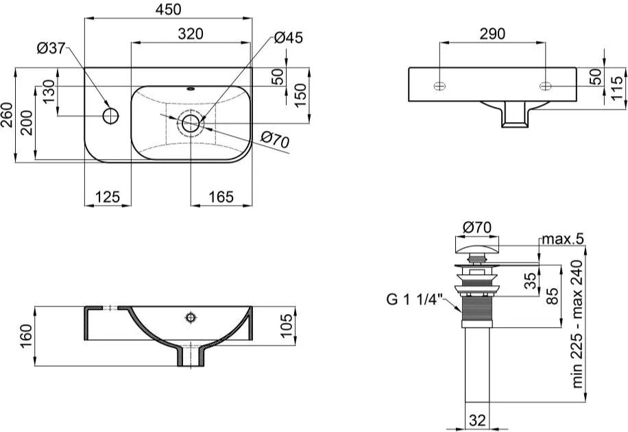 Q-Tap Tern White + донный клапан PU02O (QT17115117LWN47327) Габаритные размеры