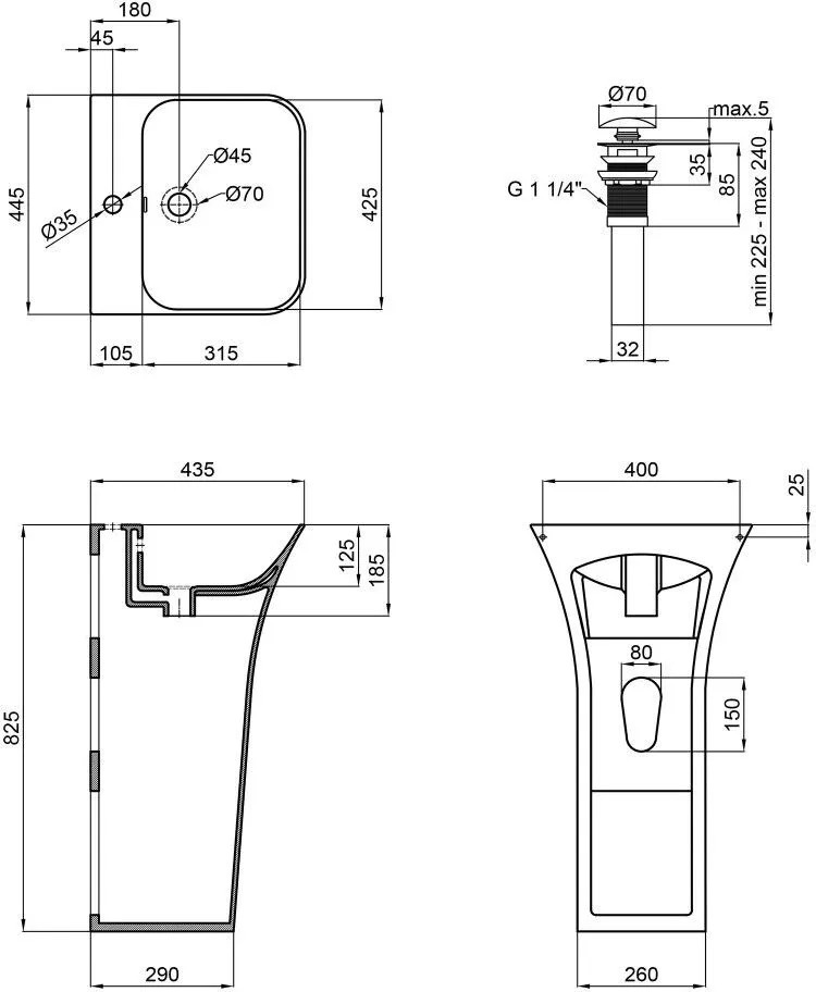 Q-Tap Crow White + донный клапан PU02O (QT0511G315WN47321) Габаритные размеры