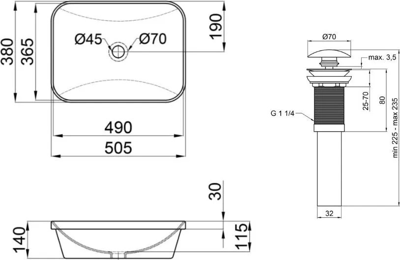 Q-Tap Scorpio White + донний клапан PU02 (QT1411K490WN47290) Габаритні розміри