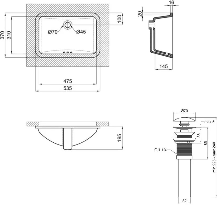 Q-Tap Stork White + донний клапан PU02O (QT15116032WN47293) Габаритні розміри