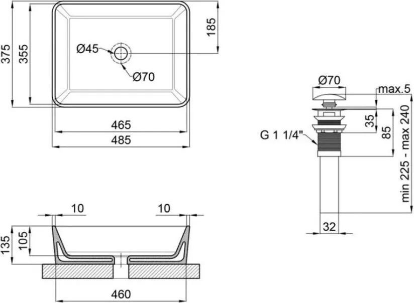 Q-tap Tern Matt Black + донний клапан PU03 (QT172074MBMBN47300) Габаритні розміри