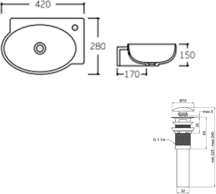 Q-Tap Leo White + донный клапан PU02O (QT11115011LWN47332) Габаритные размеры