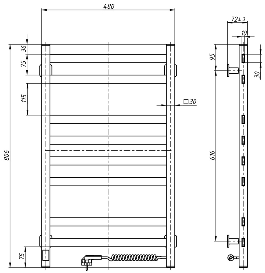 Santan Лестница Авангард 480x800 черный, левосторонний Габаритные размеры