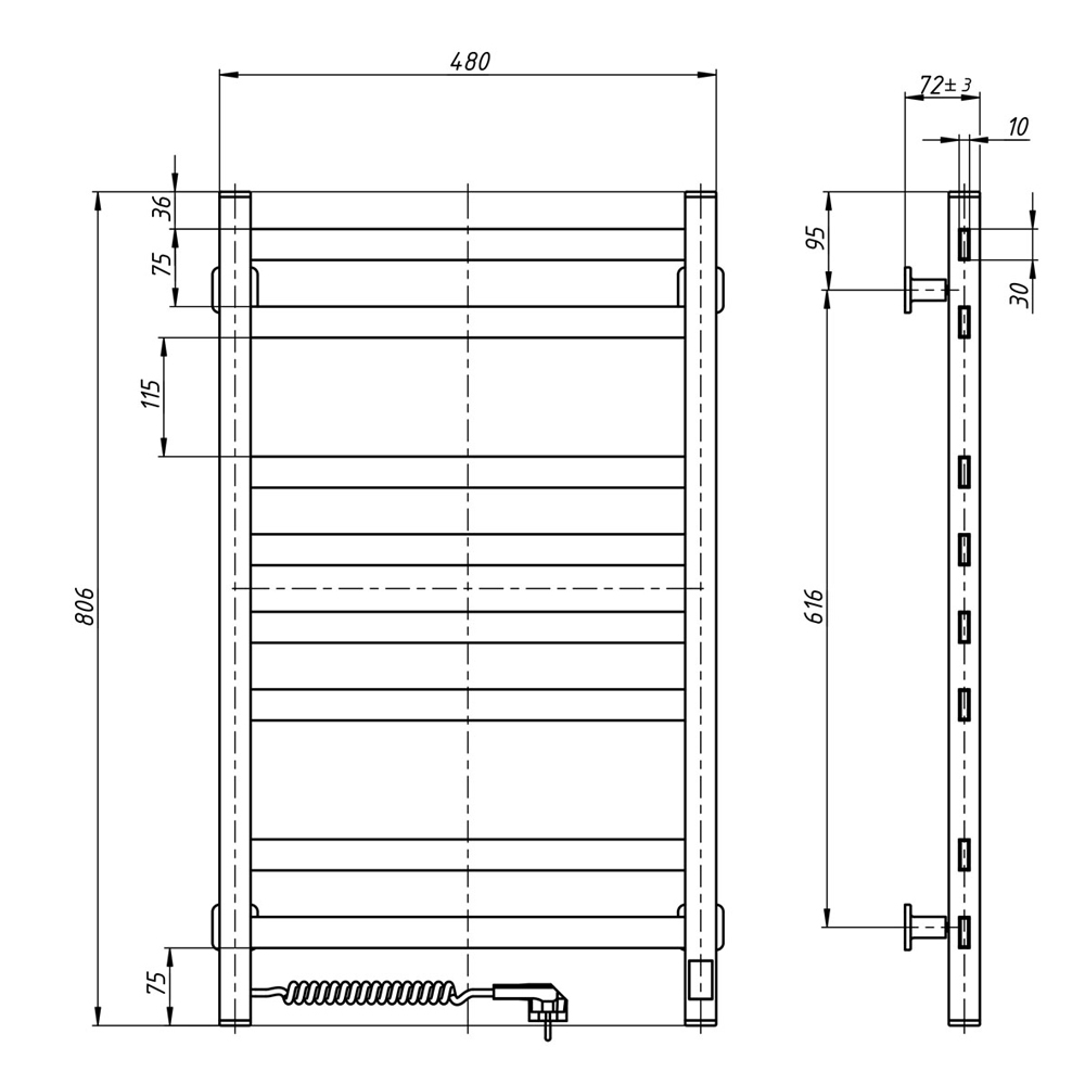 Santan Лестница Авангард 480x800 белый, левосторонний Габаритные размеры