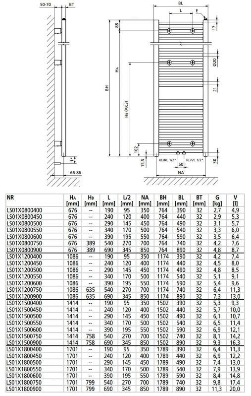 Kermi B20 (1200x400мм) бокове підключення (LS0101200402XXK) Габаритні розміри