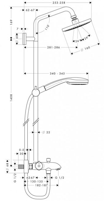 Hansgrohe Croma 100 Showerpipe 27143000 Габаритные размеры