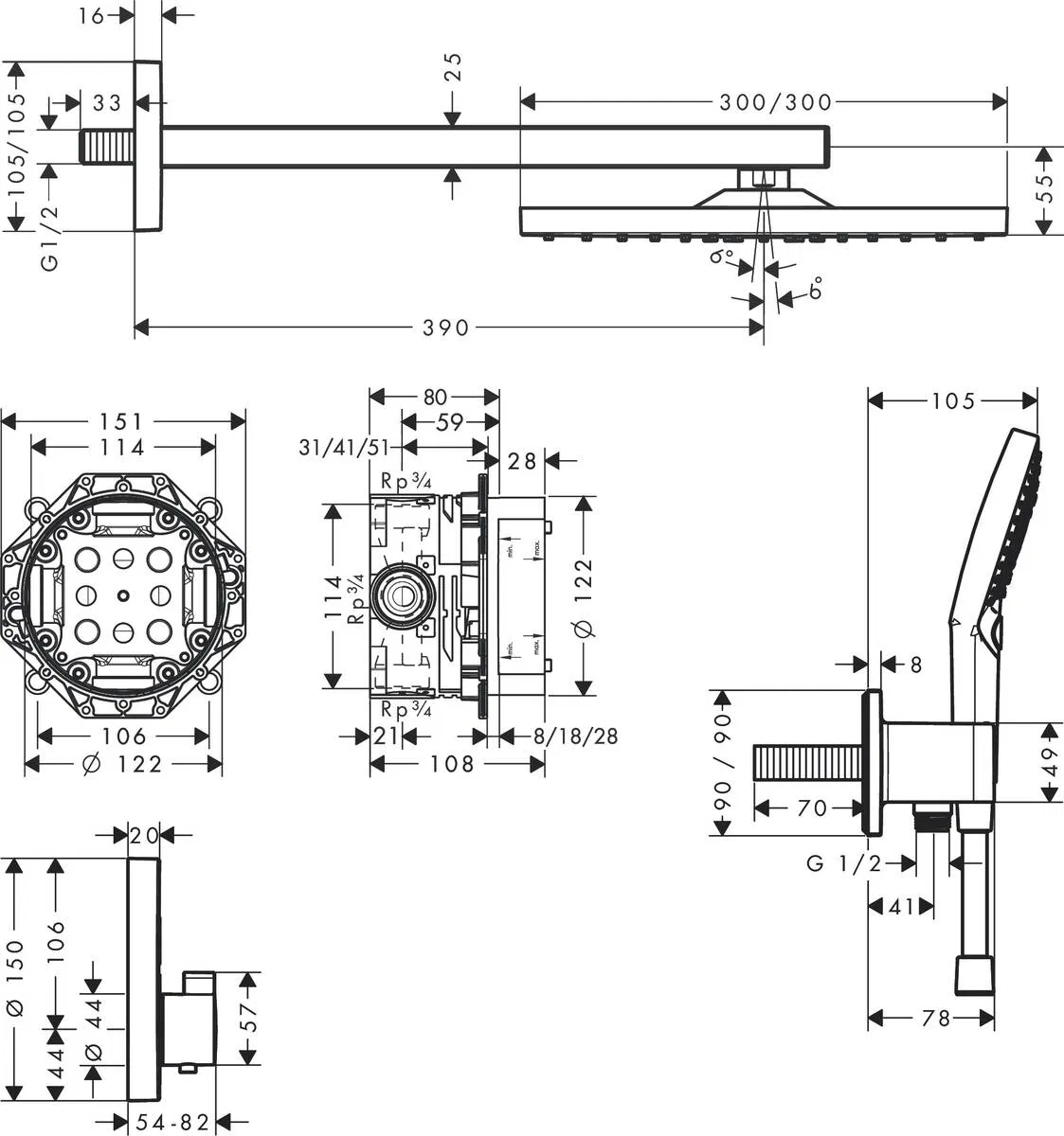 Hansgrohe Raindance E 300 27952000 Габаритные размеры