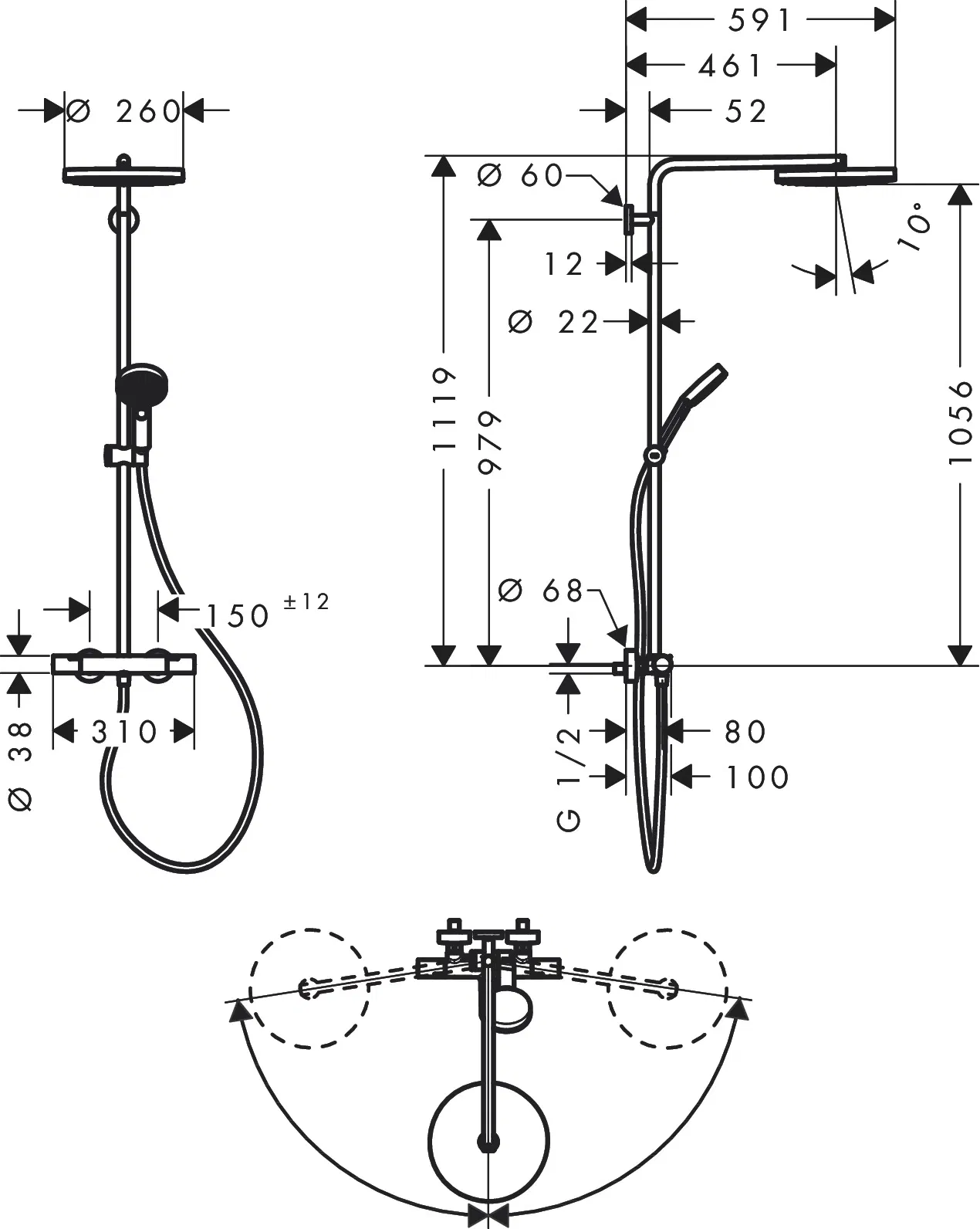 Hansgrohe Pulsify S Puro Showerpipe 260 24222670 Габаритные размеры