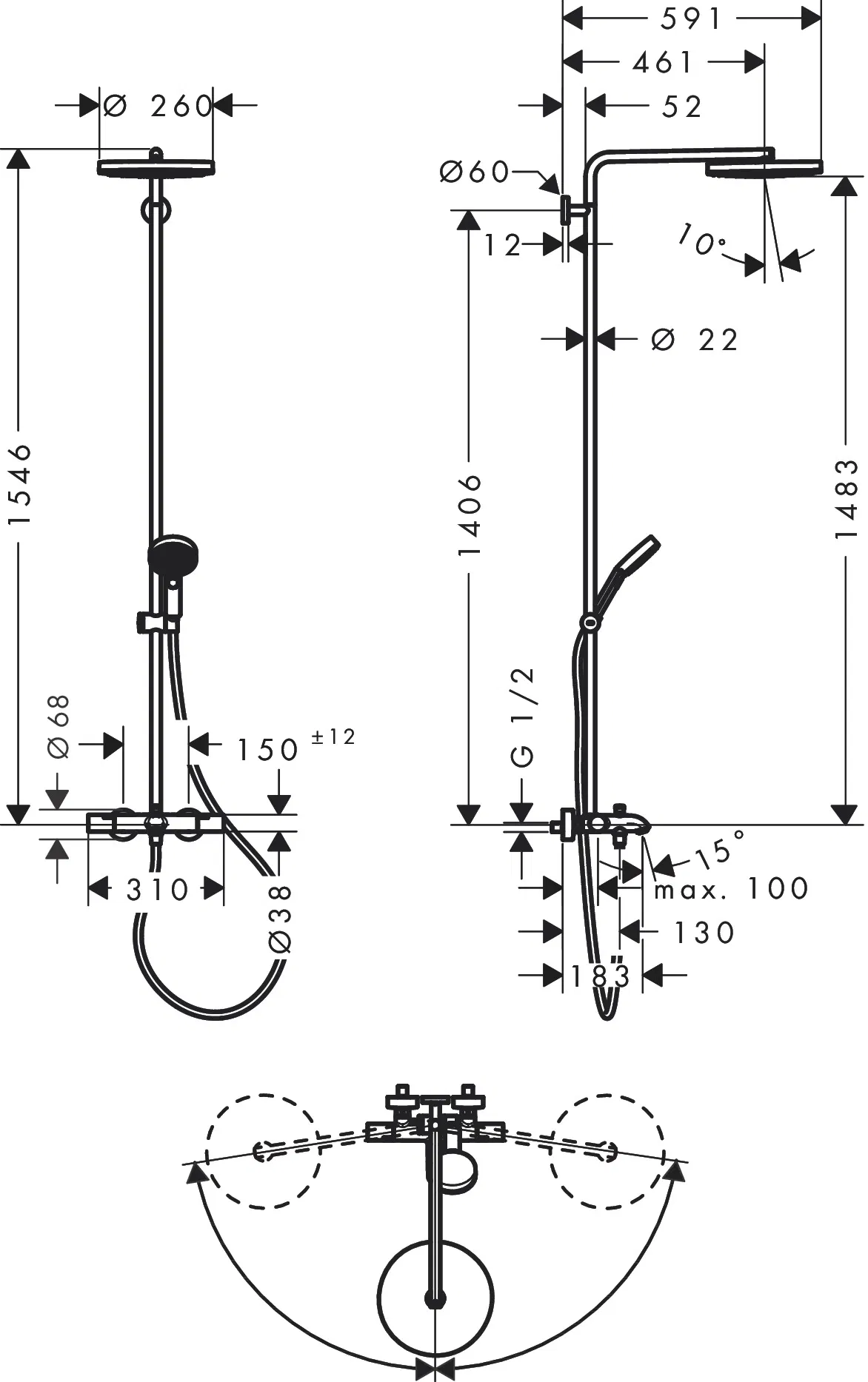 Hansgrohe Pulsify S Puro Showerpipe 260 24232000 Габаритные размеры