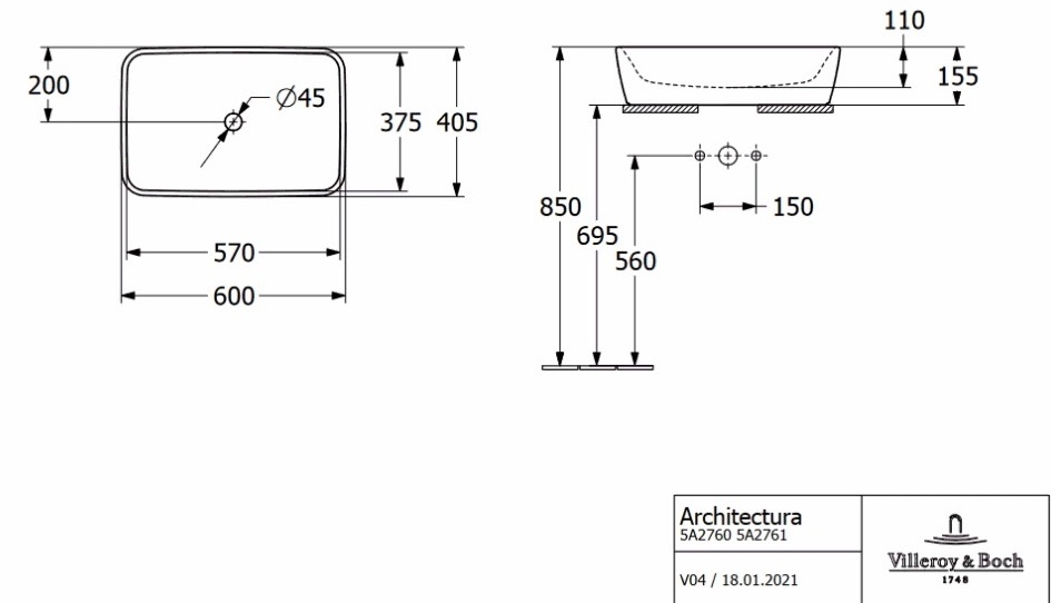 Villeroy&Boch Architectura 5A276001 Габаритні розміри