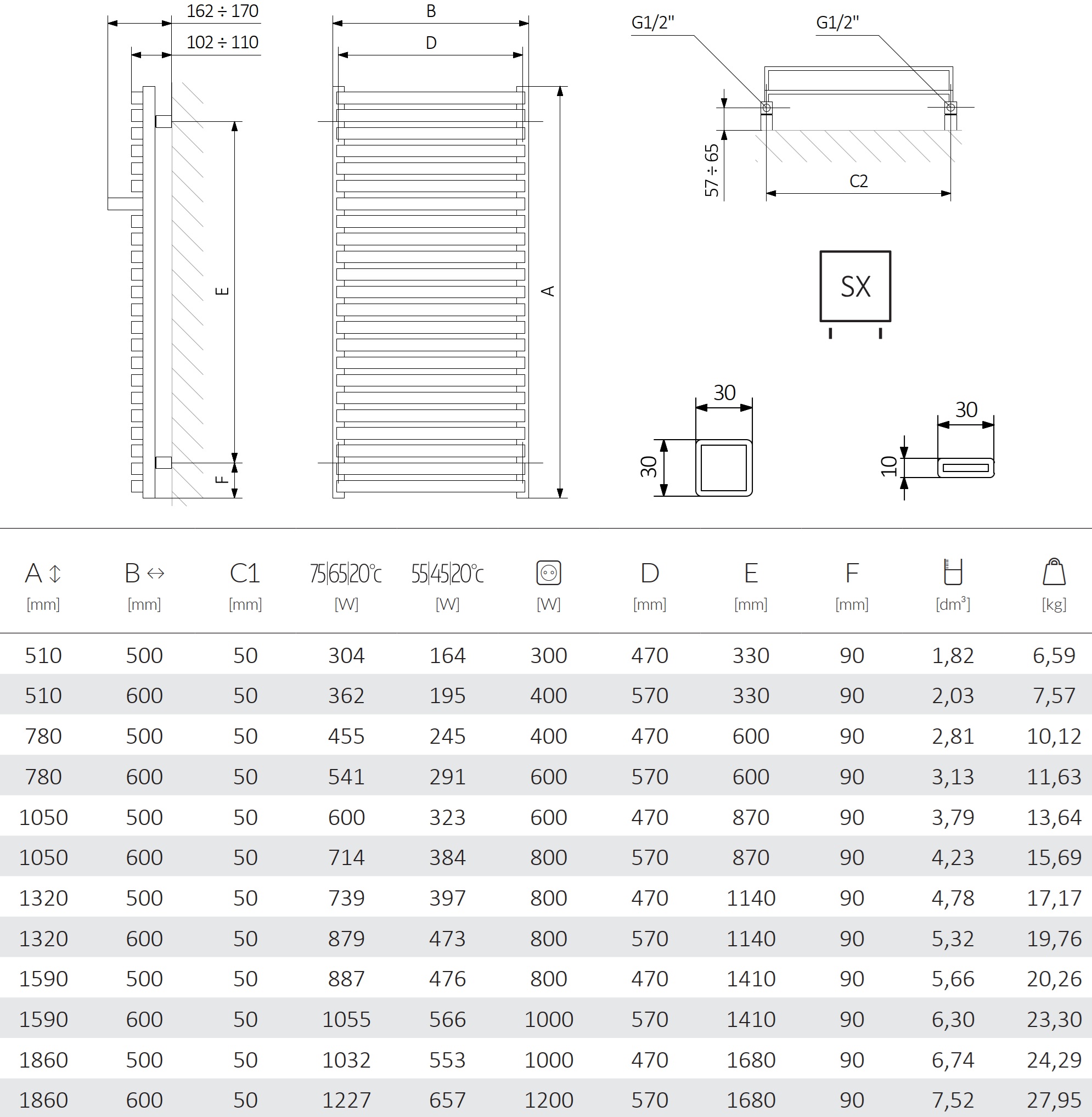 Terma City 1050x500 (WGCIT105050KBCOSX) Габаритные размеры