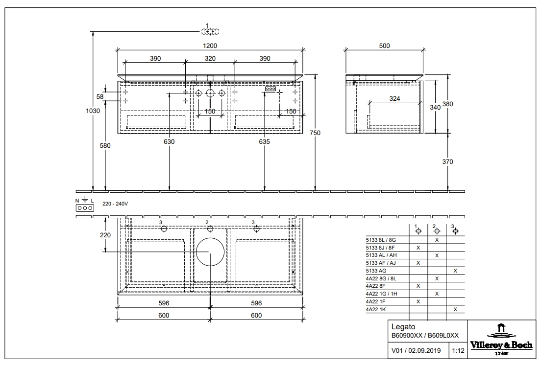 Villeroy&Boch Legato 120x38x50 см + Collaro 56x36 см (4A205601/B60900DH) Габаритные размеры