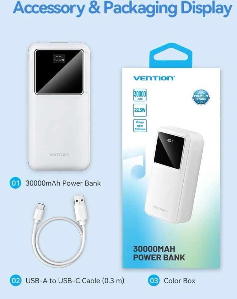 Повербанк Vention 30000mAh 22.5W 3A PD, LED Display White (FHMW0) обзор - фото 11