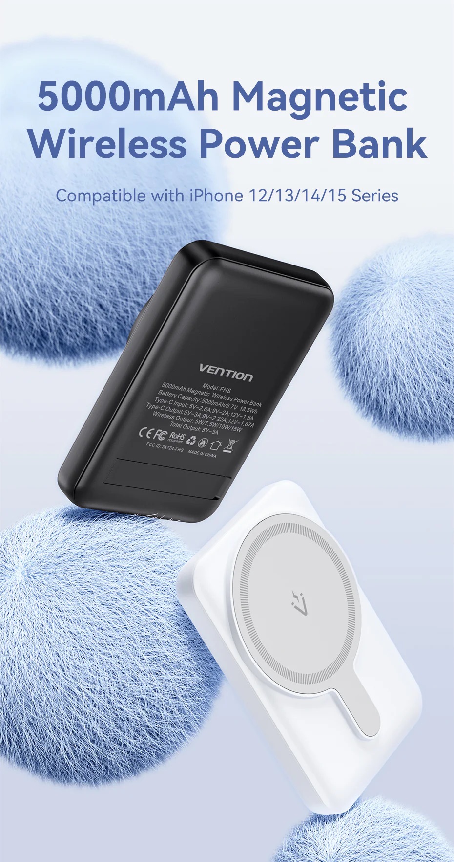 Повербанк Vention Magnetic Wireless 5000mAh 20W 3A PD, Light Indicator Black (FHSB0) ціна 999 грн - фотографія 2