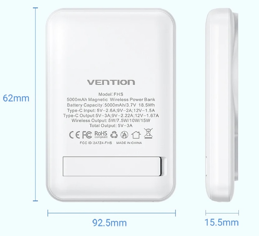 Vention Magnetic Wireless 5000mAh 20W 3A PD, Light Indicator White (FHSW0) Габаритні розміри