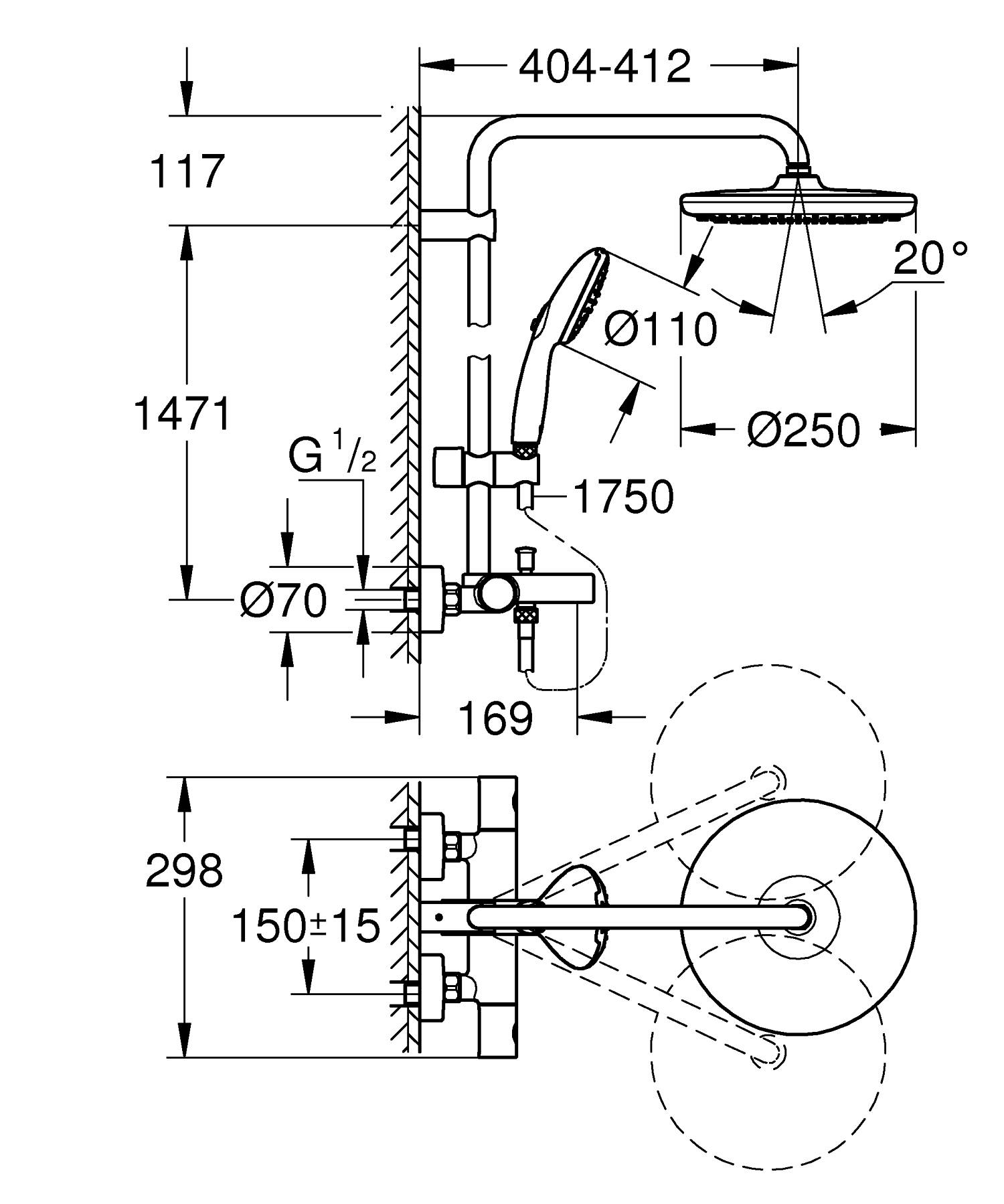 Grohe Tempesta System 250 26672001 Габаритные размеры