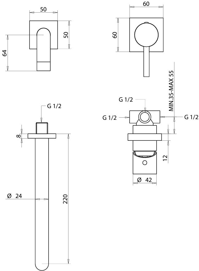 Bongio T-square (52538CR22PR) Габаритные размеры