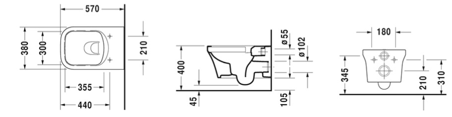 Duravit P3 Comforts Rimless 2561090000 Габаритні розміри