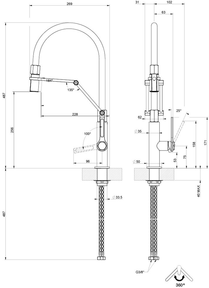 Gessi Officine Finox Matt Black (60055599) Габаритные размеры