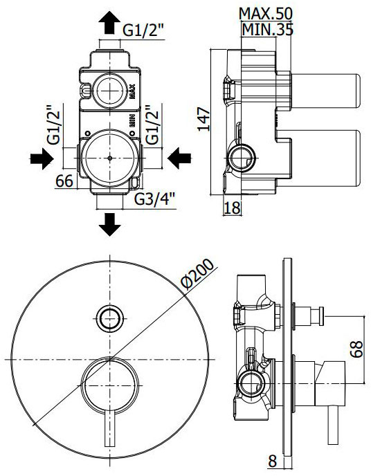 Paffoni Light Steel LIG015ST Габаритні розміри