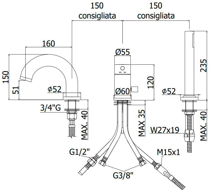 Paffoni Light Steel LIG047ST Габаритные размеры