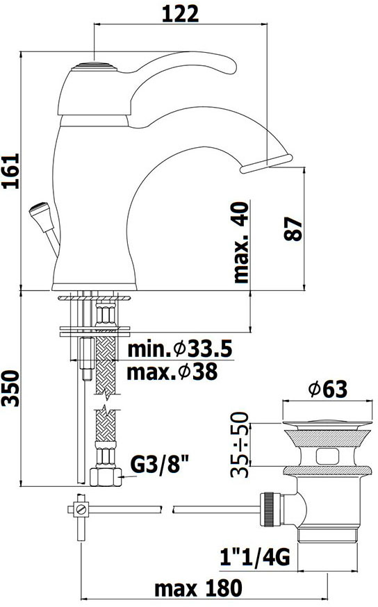 Paffoni Flavia Chrome FA075CR Габаритні розміри