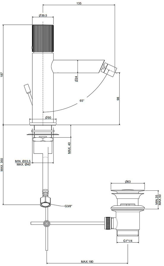 Paffoni Jo Matt Black JO135NO Габаритные размеры