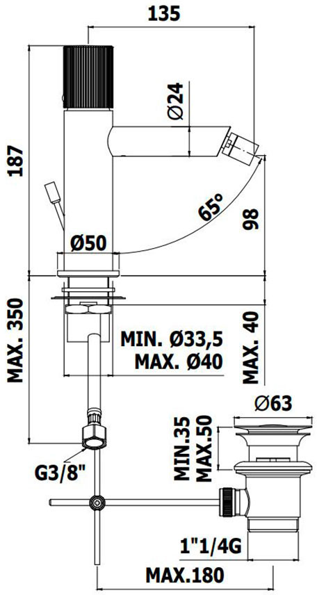 Paffoni Jo Matt Black JO135NO Габаритные размеры