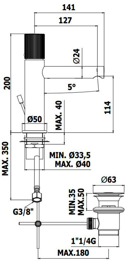 Paffoni Jo Matt Black JO075NO Габаритные размеры