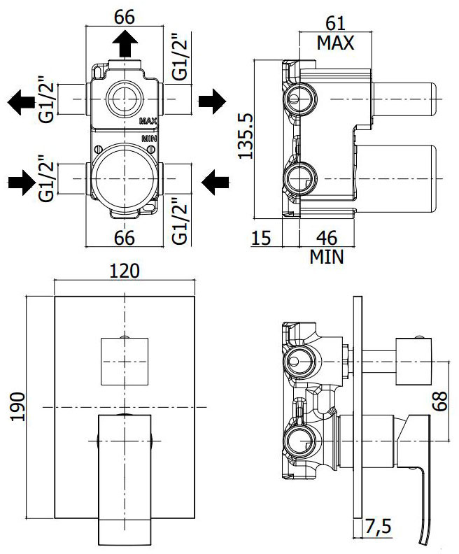 Paffoni Ell Matt Black EL019NO/M Габаритные размеры