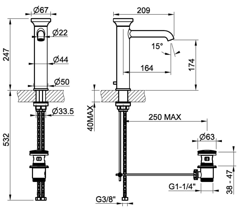 Gessi Origini 66005707 Black Metal Bruched PVD Габаритні розміри