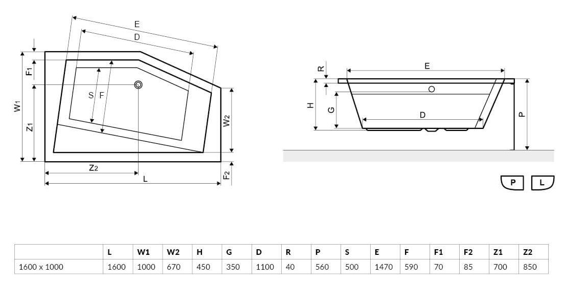 Excellent Vesper 160x100 левая (WAEX.VEL16WH) Габаритные размеры