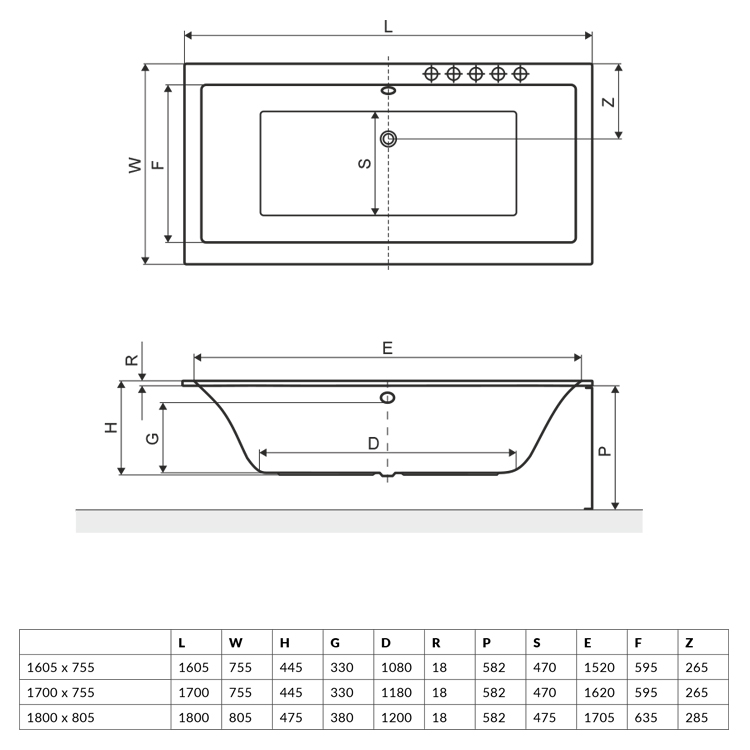 Excellent Pryzmat Slim 160x75 (WAEX.PRY16WHS) Габаритные размеры