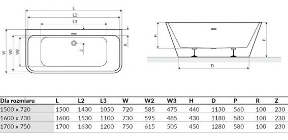 Excellent Lila 150x72 (WAEX.LIL2.150.WHP) Габаритные размеры