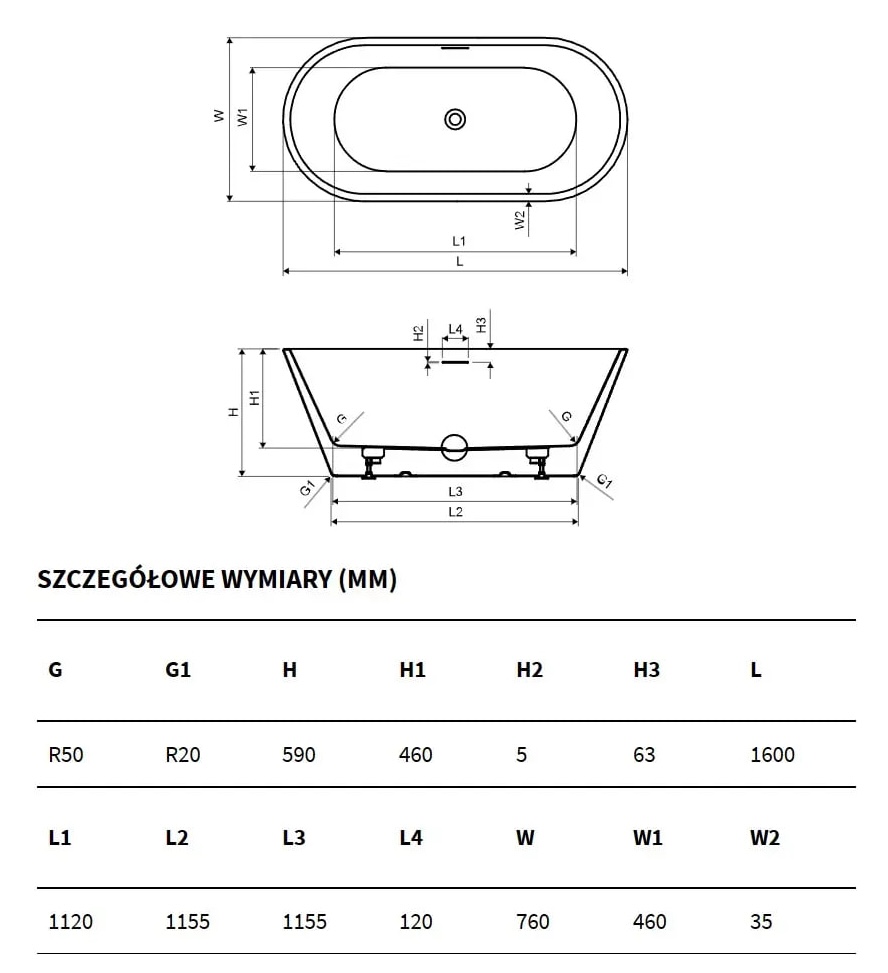 Excellent HOLI.2 160x76 (WAEX.HOL2.16WH) Габаритные размеры