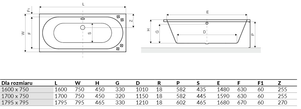 Excellent Oceana Slim 160x75 белый (WAEX.OCE16WHS) Габаритные размеры