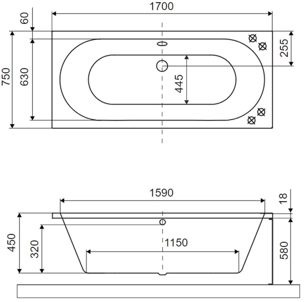 Excellent Oceana Slim 170x75 матовый антрацит (WAEX.OCE17ANMS) Габаритные размеры