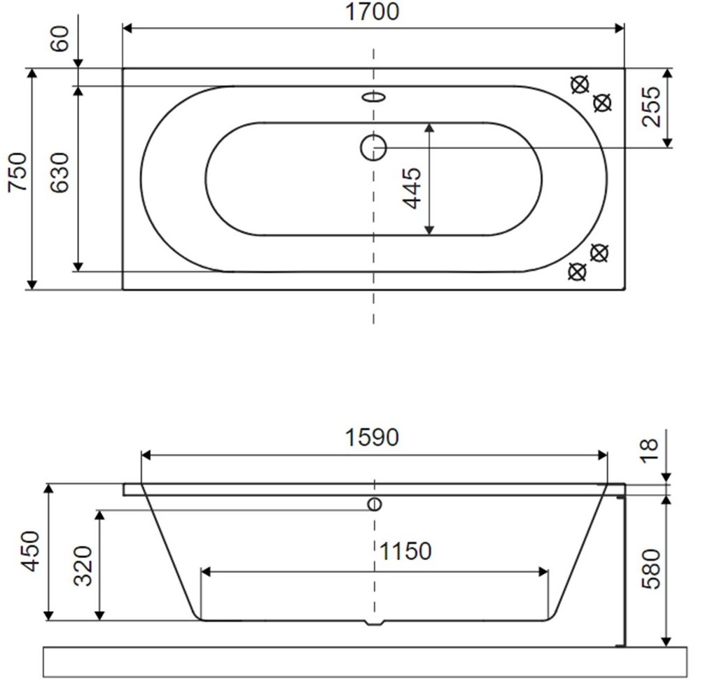 Excellent Oceana Slim 170x75 черный матовый (WAEX.OCE17BLMS) Габаритные размеры