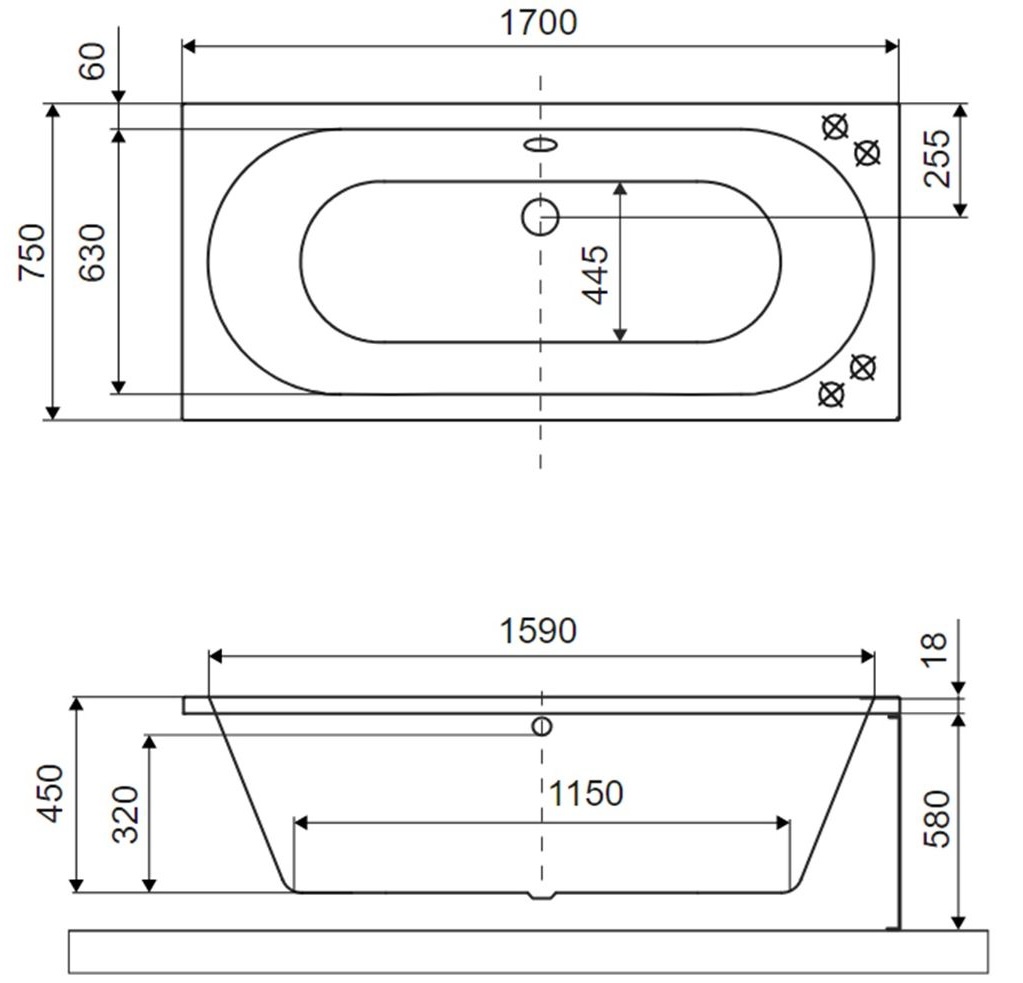 Excellent Oceana Slim 170x75 серый матовый (WAEX.OCE17CMMS) Габаритные размеры