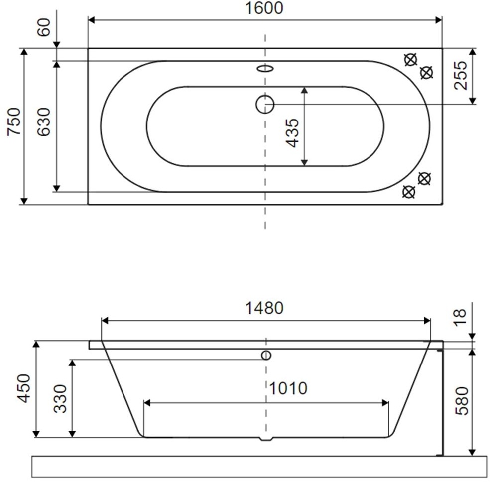 Excellent Oceana Slim 160x75 белый матовый (WAEX.OCE16EDMS) Габаритные размеры