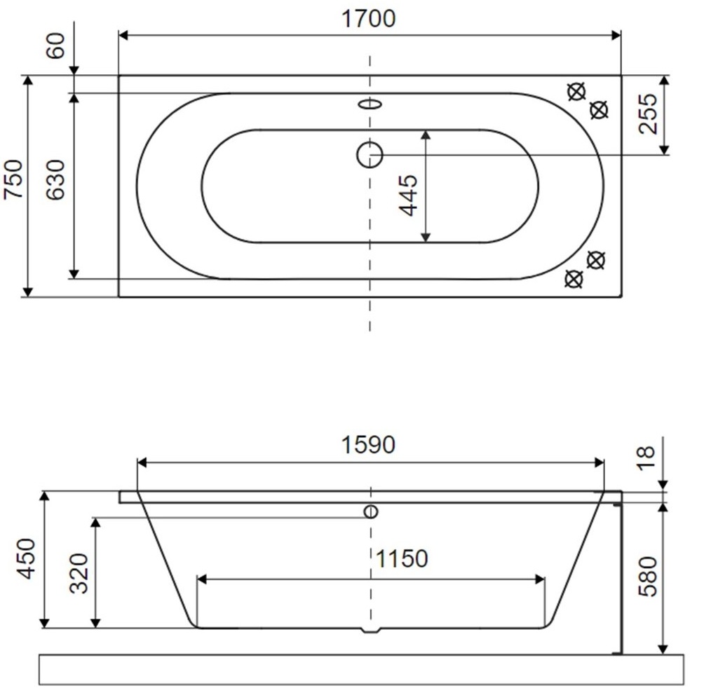 Excellent Oceana Slim 170x75 белый матовый (WAEX.OCE17EDM) Габаритные размеры