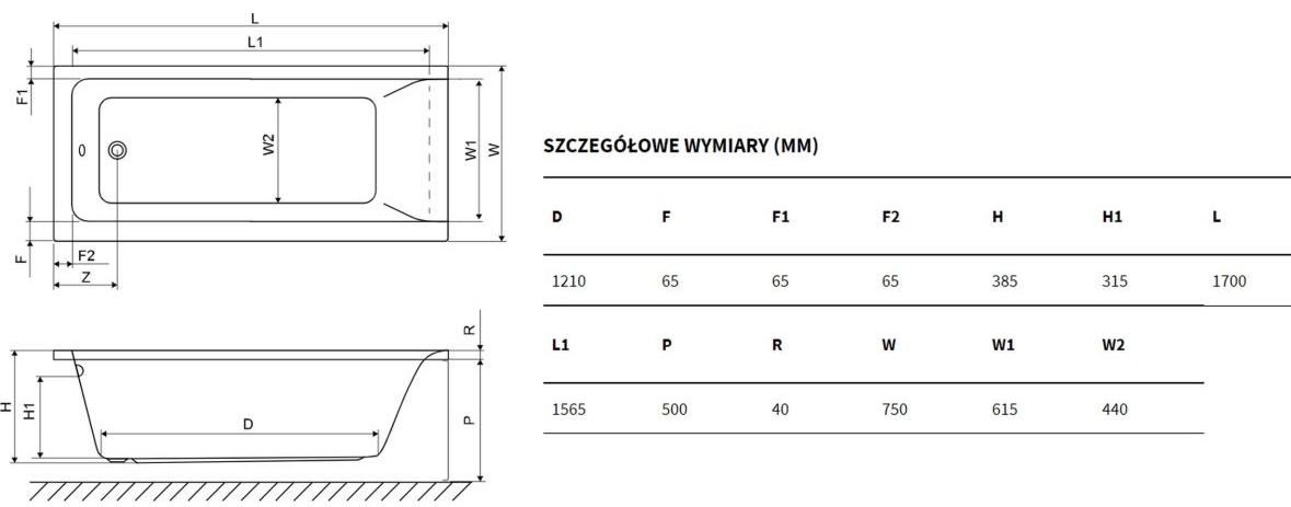 Excellent Savia Mono 170x75 (WANL.SAV170.75WH) Габаритные размеры